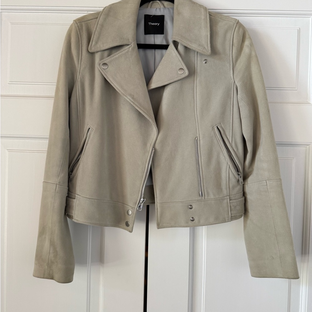 Theory Women's Grey Ice Blue Silver Mist Suede moto Jacket small